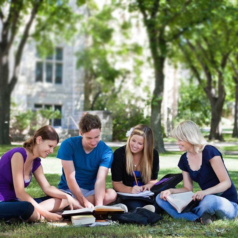 Grupo de 4 estduiantes en el césped de un campus sentados estudiando con libros.